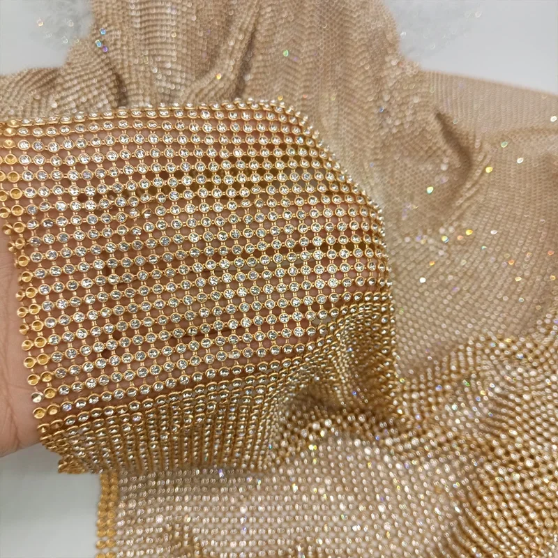 Crystal Mesh Fabric - 45x120cm świecący złoty podstawa Rhinestone metalowa